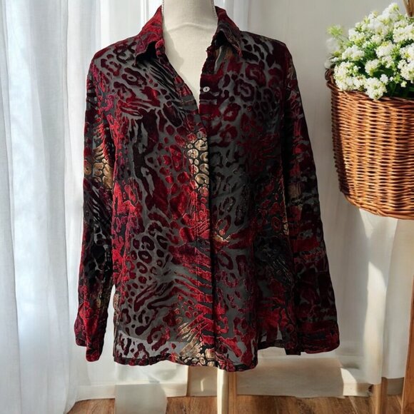 White‎ Stag Vintage Dark Romantic Velvet Burnout Animal Print Blouse Size Medium - Picture 1 of 8